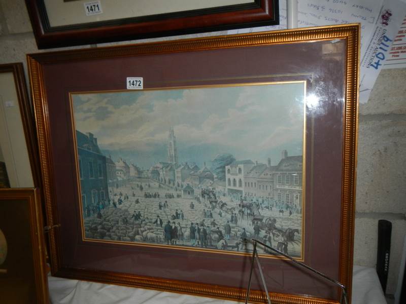 A framed and glazed print of Boston cattle market, COLLECT ONLY.