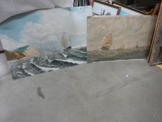 An unframed oil on board seascape and a print seascape. COLLECT ONLY.