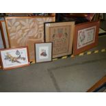 Three framed and glazed embroideries and two other pictures COLLECT ONLY.