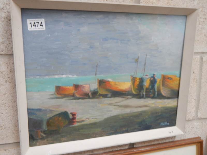 An oil on board fishing boats on the shore signed Maltby, COLLECT ONLY.