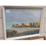 An oil on board fishing boats on the shore signed Maltby, COLLECT ONLY.