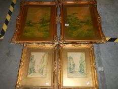 A pair of gilt framed and glazed rural scenes and a pair of framed and glazed street scenes, COLLECT