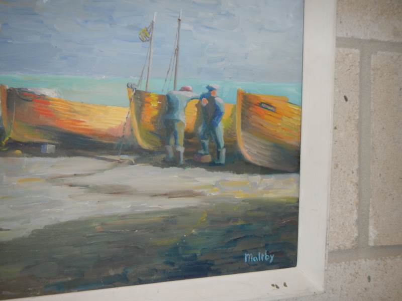An oil on board fishing boats on the shore signed Maltby, COLLECT ONLY. - Image 3 of 3