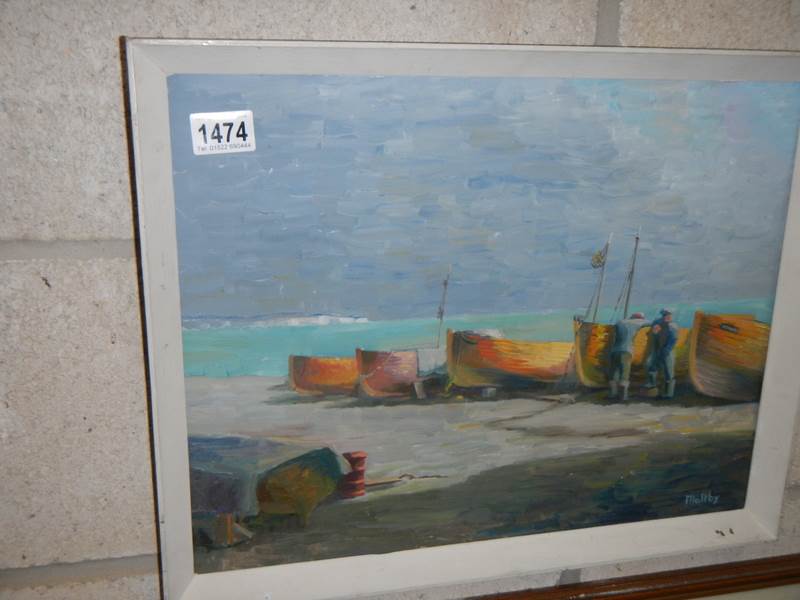 An oil on board fishing boats on the shore signed Maltby, COLLECT ONLY. - Image 2 of 3