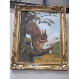 A gilt framed oil on board painting of a squirrell, COLLECT ONLY.