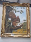 A gilt framed oil on board painting of a squirrell, COLLECT ONLY.