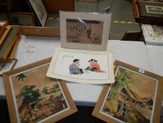 Two framed and glazed Chinese pictures and two unframed examples, COLLECT ONLY.