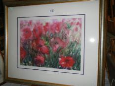 A good quality framed and glazed watercolour of poppies signed Gillain Beale. COLLECT ONLY.