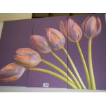 A three panel painting on canvas of tulips, COLLECT ONLY,.