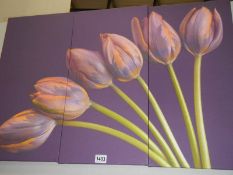 A three panel painting on canvas of tulips, COLLECT ONLY,.