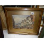 A framed and glazed medieval street scene, COLLECT ONLY.