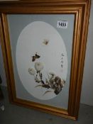 A framed and glazed Chinese study of chrysanthemums and butterflies. COLLECT ONLY.