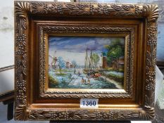 A gilt framed oil on board rural scene with windmills and fishing boats, 30 x 25 cm.