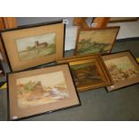 Five good mid 20th century oils and watercolours, COLLECT ONLY.