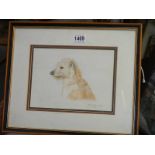 A framed and glazed drawing of a terrier signed M Lilley 2000.