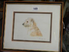 A framed and glazed drawing of a terrier signed M Lilley 2000.