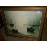 A large print of an estuary with fishing boats signed G Bria, COLLECT ONLY.