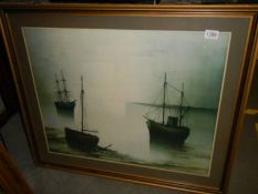A large print of an estuary with fishing boats signed G Bria, COLLECT ONLY.