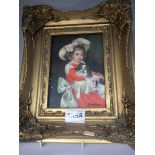 A gilt framed 20th century painting of a young girl with a dog, signed R Wilson, 30 x 25 cm.