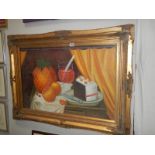 A gilt framed oil on canvas still life study, (frame a/f), COLLECT ONLY.