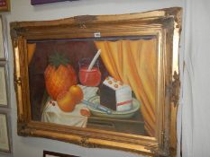 A gilt framed oil on canvas still life study, (frame a/f), COLLECT ONLY.