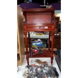 A dark wood stained side table with drawer & gallery top