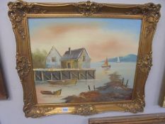 A gilt framed oil on board seascape, COLLECT ONLY.
