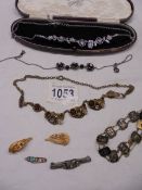 Three vintage necklaces and other vintage jewellery.