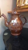 A 19c Derbyshire stoneware salt glazed coffee pot with pheasant/hunt scenes