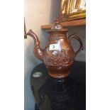 A 19c Derbyshire stoneware salt glazed coffee pot with pheasant/hunt scenes