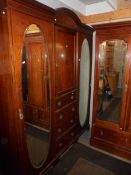 A mahogany inlaid combination wardrobe with mirrored doors, COLLECT ONLY.