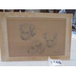 A small vintage drawing of dog heads, signed but indistinct.