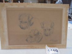 A small vintage drawing of dog heads, signed but indistinct.