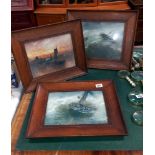 3 vintage oak framed prints of boats in rough seas COLLECT ONLY