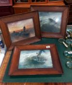 3 vintage oak framed prints of boats in rough seas COLLECT ONLY