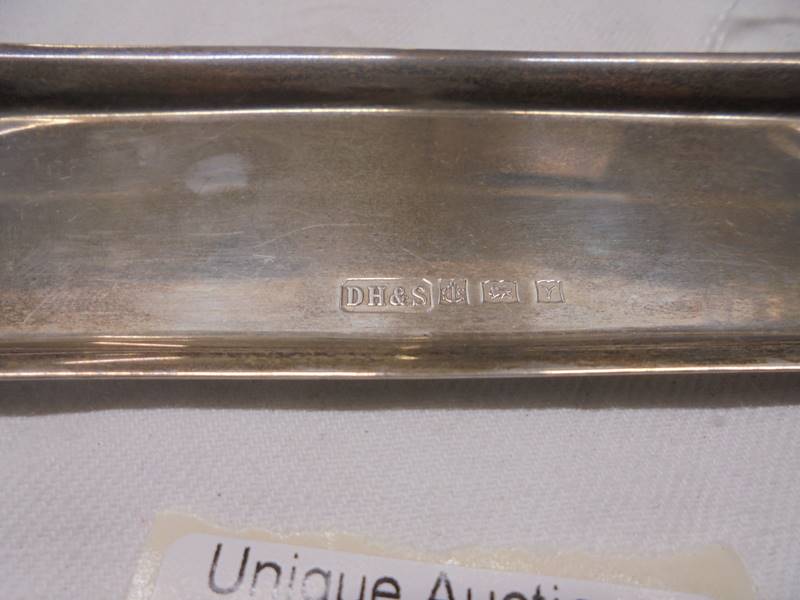 A miniature four piece tea set on a silver tray, D H & S, Birmingham 1973, 65 grams. - Image 6 of 6