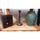 A black spice chest, carved wooden vase etc