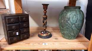 A black spice chest, carved wooden vase etc