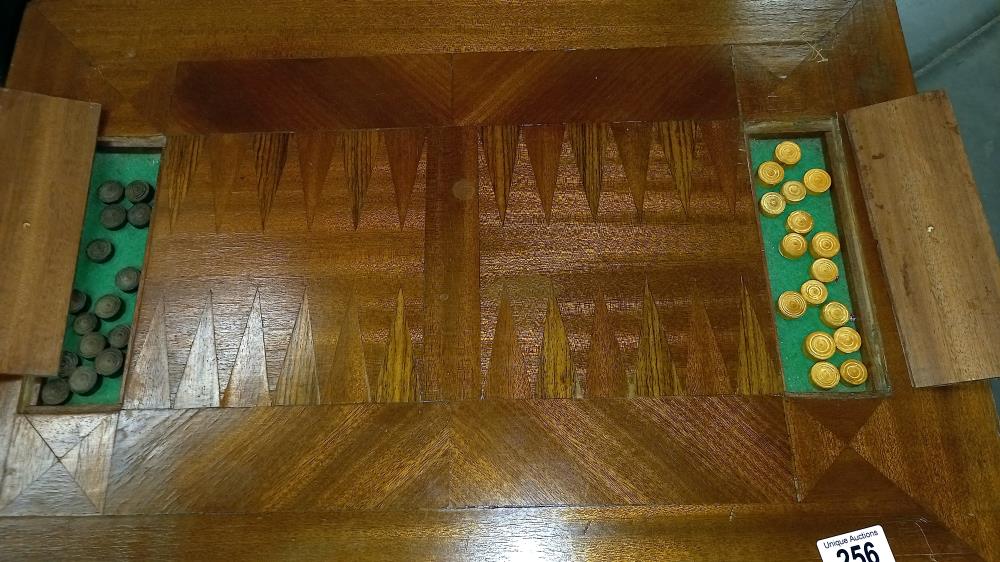 A vintage inlaid backgammon table with gaming pieces 64cm x 33cm x height 48cm COLLECT ONLY - Image 3 of 4
