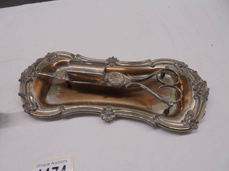 A silver plate chamber candlestick and candle snuffers with tray. - Image 3 of 3