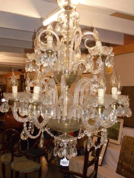 A good glass 12 light two tier chandelier, COLLECT ONLY.