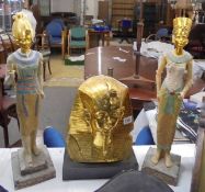 A bust of King Tut-ankh-amun and two Egyptian figures. COLLECT ONLY.