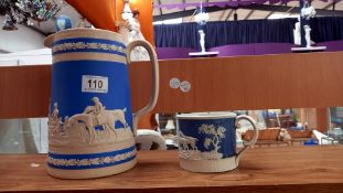 Copeland Spode 19c pottery jug and mug with hunting scenes