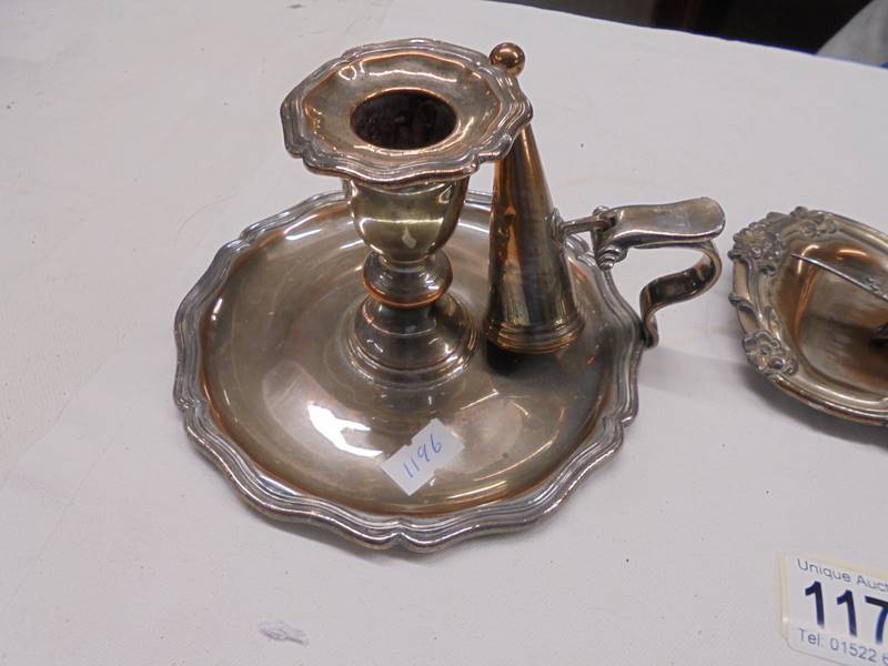A silver plate chamber candlestick and candle snuffers with tray. - Image 2 of 3