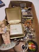 A mixed lot of jewellery including silver items, 9ct gold ring, earrings, brooches & Coalport figure