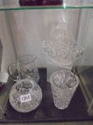 Two cut glass vases, a jug and a basket.