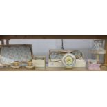 A superb quality vintage dressing table set decorated with birds and comprising tray, table lamp