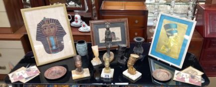 A quantity of busts of Nefertiti, gilded pictures, Egyptian hand painted on papyrus Tutankhamun mask