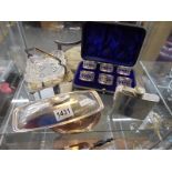 A quantity of silver plate including cased set of napkin rings, butterdish, jam dish etc.,