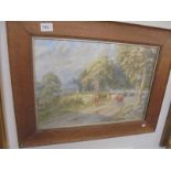 A framed and glazed rural watercolour featuring cattle signed but indistinct, COLLECT ONLY